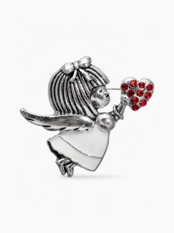 Брошь &laquo;Купидон&raquo;, девочка, красно-белая в чернёном серебре