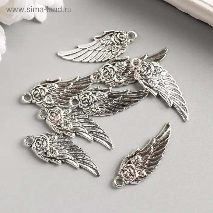 Металлический элемент, декоративная подвеска «Арт Узор. Крыло с розой», серебро, 3×1.1 см