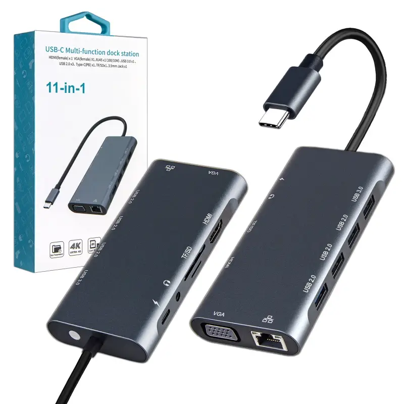 HUB Type-C 11in1(  4USB + SD + Micro SD + HDMI + Enternet RJ45 + Jack 3.5mm + VGA + USB-C PD) Model:OT9591A