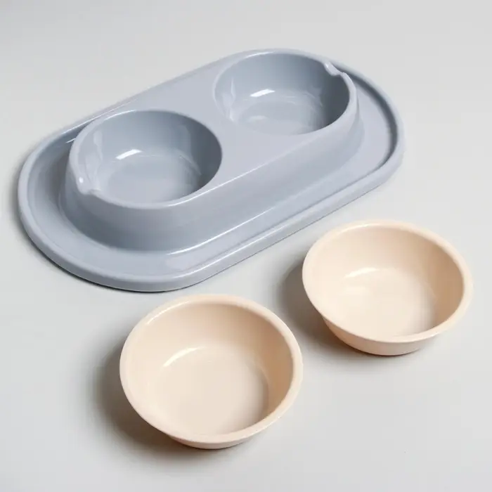 Миска двойная для животных &laquo;Мур-мяу&raquo;, 300 мл, на подставке, пластик, серая