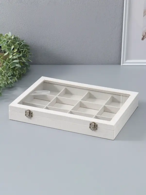 Шкатулка для украшений 12 ячеек, 35&times;24&times;4.5, стеклянная крышка, бежевая