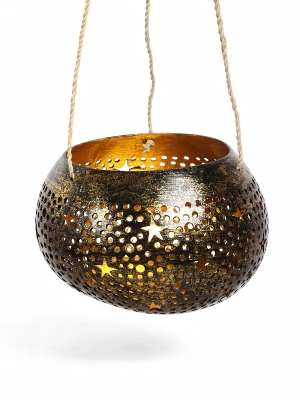 Подсвечник подвесной из кокоса, 14&times;14&times;10 см, чёрно-золотой