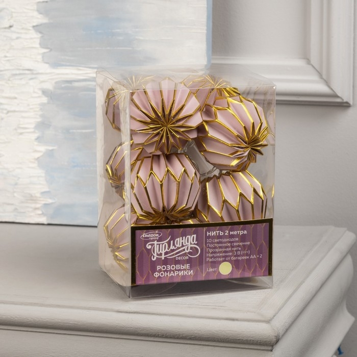 Гирлянда «Нить» 2 м с насадками «Розовый фонарик», IP20, прозрачная нить, 10 LED, батарейки AAх2 (нет в комплекте), свечение тёплое белое Гирлянда «Нить» 2 м с насадками «Розовый фонарик», IP20, прозрачная нить, 10 LED, батарейки AAх2 (нет в комплекте), свечение тёплое белое