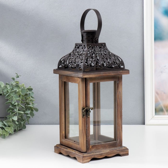 Подсвечник дерево на 1 свечу  Подсвечник дерево на 1 свечу "Фонарь с резной крышей" темно-коричневый 33х14,5х14,5 см