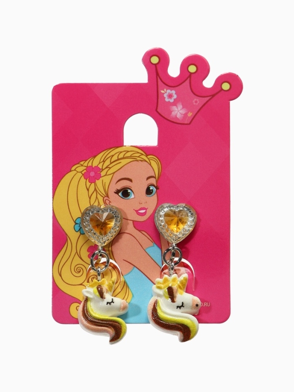 Серьги-клипсы детские  Серьги-клипсы детские "Выбражулька" единорог драгоценность с сердцем кристалл, цвет жёлто-белый