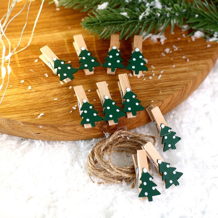 Новый год! Прищепки декоративные с верёвкой для подвеса &laquo;Ёлочки зелёные&raquo; набор 10 шт., 1,5 &times; 12 &times; 14 см