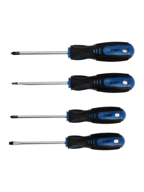 Набор отверток ТУНДРА, CrV, хром, магнит, 2К рукоятки, PH1, PH2, SL5, SL6&times;100 мм, 4 шт.