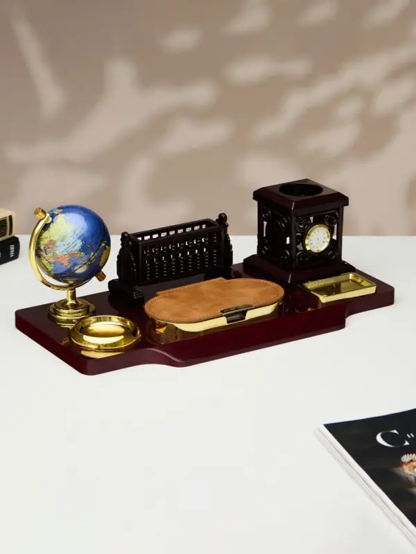 Набор настольный, органайзер 6 в 1, с визитницей и часами, вишня