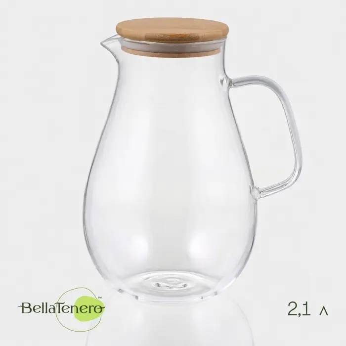 Кувшин для воды BellaTenero &laquo;Эко&raquo;, 2.1 л, 19&times;14&times;20 см, с бамбуковой крышкой, стекло, прозрачный