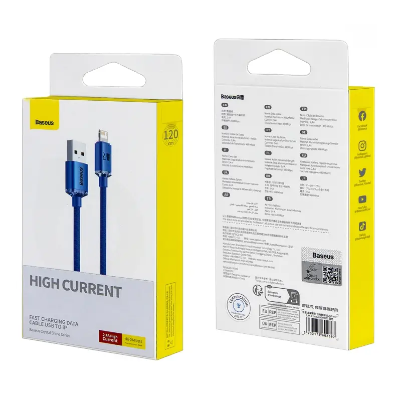 Кабель USB Lightning 1.2M 2.4A Crystal Shine Series Fast Charging Baseus синий CAJY000003