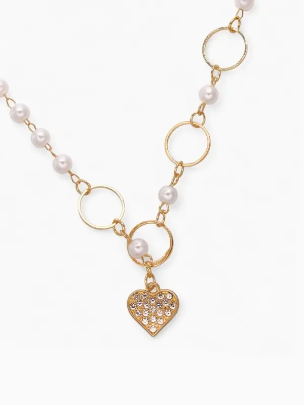 Колье с жемчугом &laquo;Сердце&raquo;, в круглых звеньях, d=0.6 см, белое в золоте, 36 см
