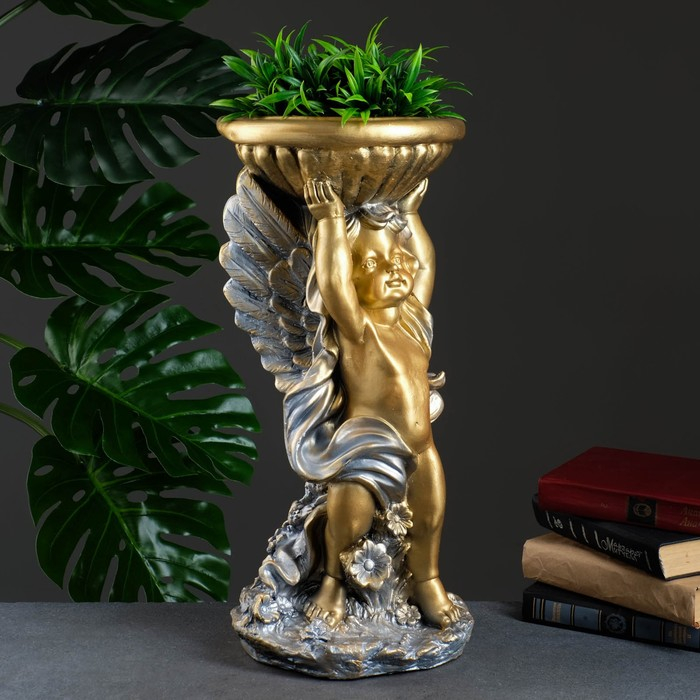 Фигурное кашпо  Фигурное кашпо "Ангел с чашей" бронза / серебро 0,6 л / 24х50х24см