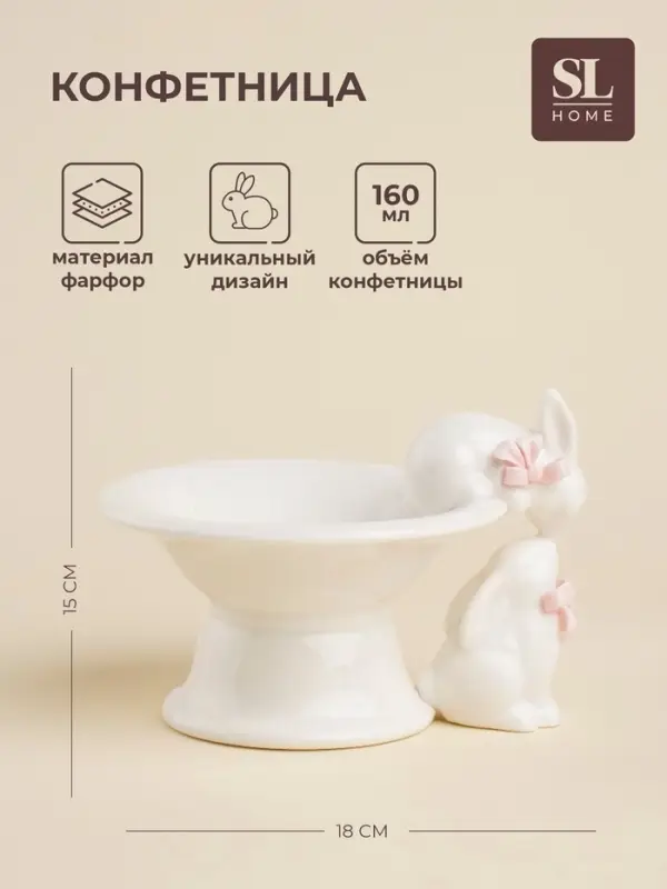 Конфетница SL Home &laquo;Лесные кролики&raquo;, 160 мл, 18&times;15&times;13 см, фарфор, белая
