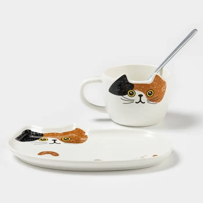 Чайная пара &laquo;Котик&raquo;, 3 предмета: чашка 200 мл, блюдце 18.8&times;13.6 см, ложка, керамика, белая