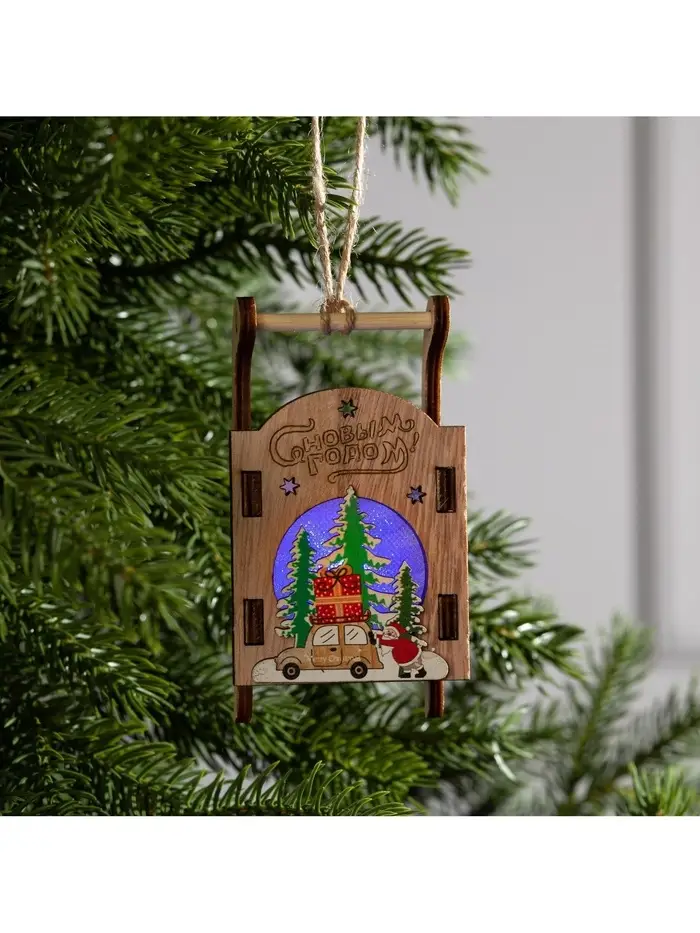 Ёлочная игрушка &laquo;Сани с Дедом Морозом и машиной&raquo;, от батареек LR41&times;3, свечение RGB