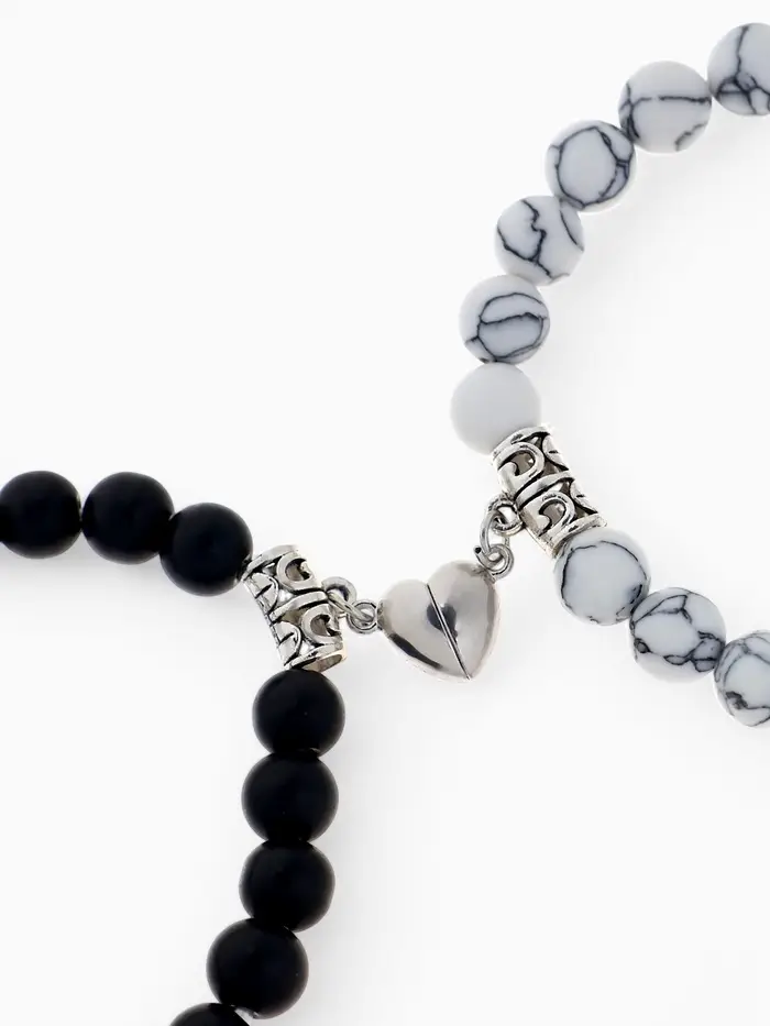 Браслеты парные &laquo;Неразлучники&raquo; на магните, сердце, чёрно-белые в серебре, d=6 см