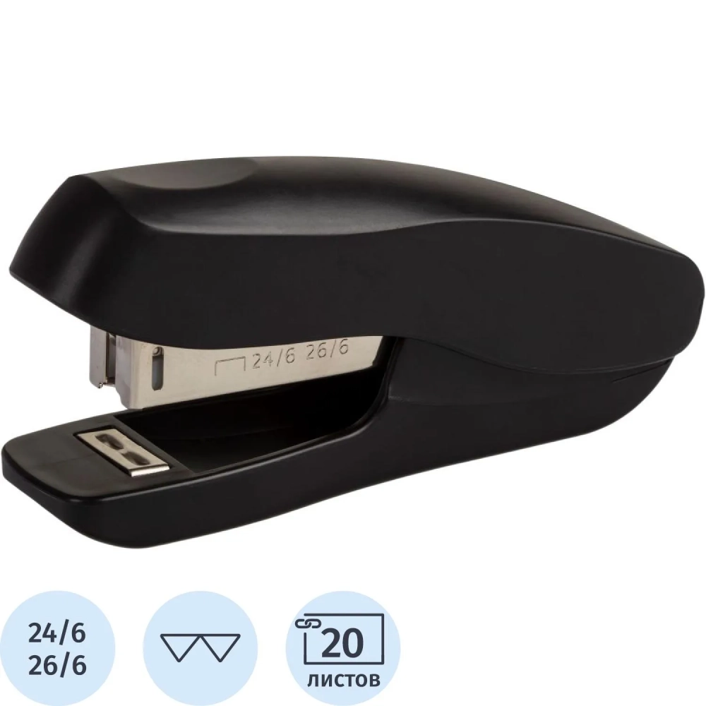 Степлер №24/6, 26/6, до 20 листов, пластик, черный