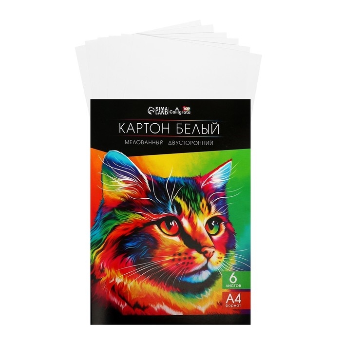 Картон белый А4, 6 листов, мелованный, двусторонний 370г/м² "Кот"