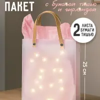Пакеты подарочные с бумагой тишью и гирляндой, 20&times;8&times;25 см, 2 листа