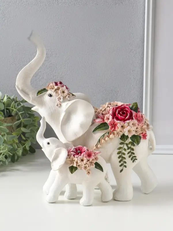 Сувенир полистоун "Белый слон со слонёнком в цветах" 25,4х13,8х29,2 см