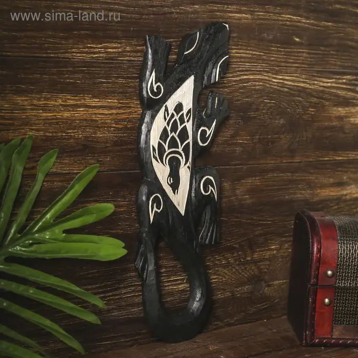 Панно настенное дерево  Панно настенное дерево "Геккон черный с черепашкой" 1х11х30 см