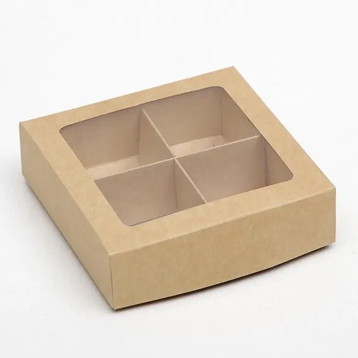 Коробка для 4 конфеты, крафт, 12.5&times;12.5&times;3.5 см