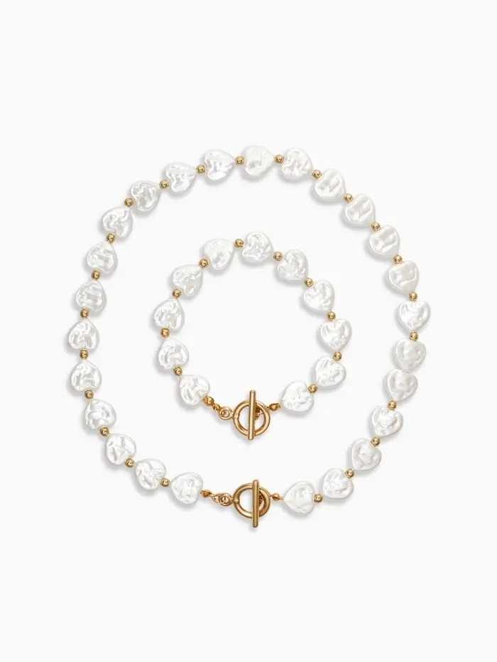 Набор 2 пред-та: бусы,браслет "Жемчуг барочный", сердечки, 40/18см, цвет белый в золоте