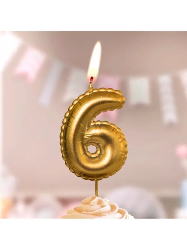 Свеча в торт на шпажке "Воздушая цифра", цифра "6", золото