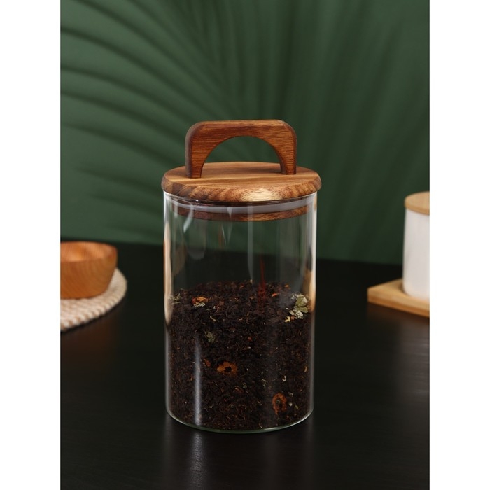 Банка стеклянная для хранения сыпучих продуктов &laquo;Вуд&raquo;, 950 мл, 10&times;20 см, с деревянной крышкой