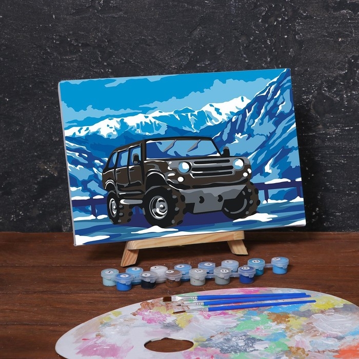 Картина по номерам на холсте с подрамником «Внедорожник в горах» 20х30 см Картина по номерам на холсте с подрамником «Внедорожник в горах» 20х30 см