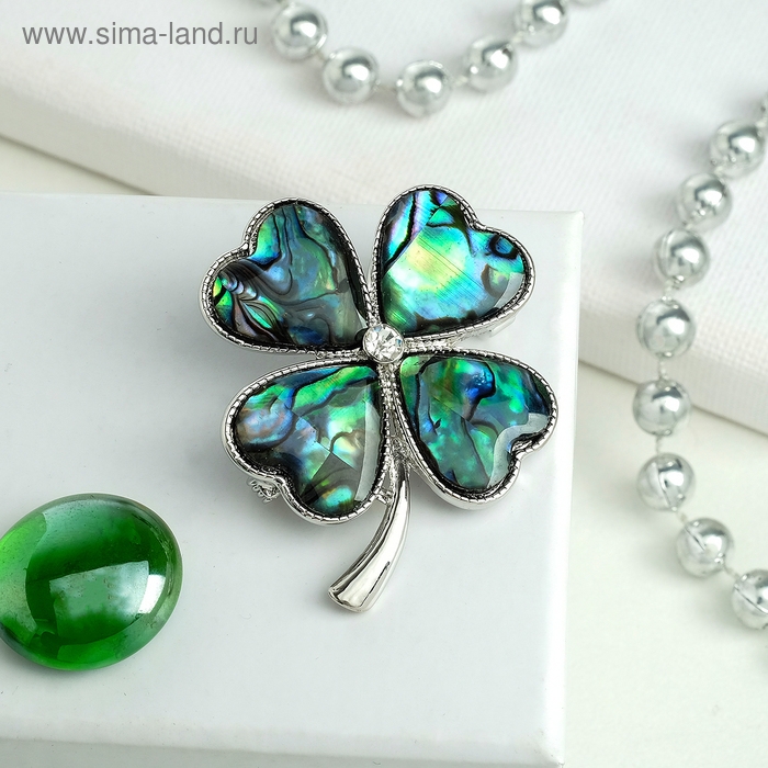 Брошь-кулон «Галиотис» клевер, цвет зелёный в серебре Брошь-кулон «Галиотис» клевер, цвет зелёный в серебре