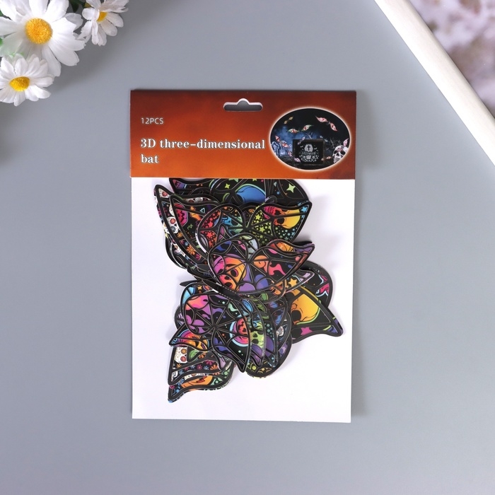 Наклейка бумага, пластик  Наклейка бумага, пластик "Бабочки на Хэллоуин" чёрные набор 12 шт