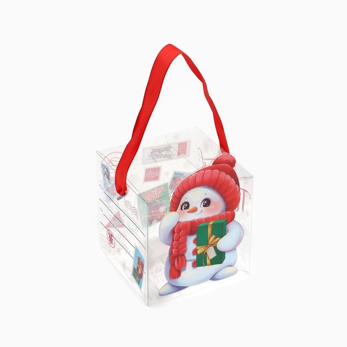 Коробка подарочная новогодняя складная ПВХ, «Снеговик», 10 х 10 х 10 см, Новый год