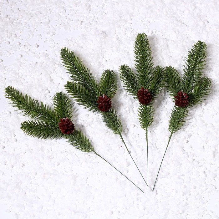 Декор «Веточка ели с шишкой», набор 4 шт., размер 1 шт. — 28 см Декор «Веточка ели с шишкой», набор 4 шт., размер 1 шт. — 28 см