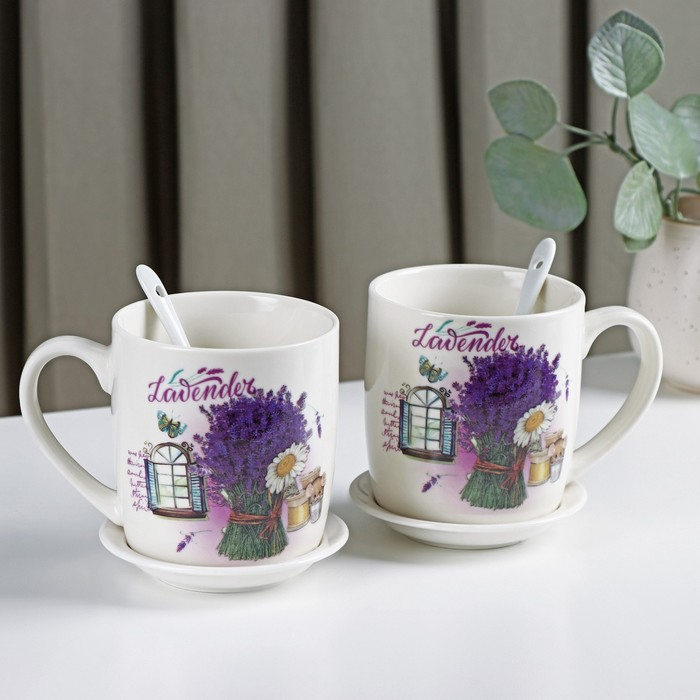 Набор кружек керамических с ложками и подставками &laquo;Букет лаванды&raquo;, 2 предмета: 330 мл, рисунок МИКС