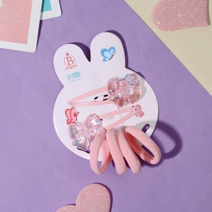 Набор для волос Набор для волос "Розовое чудо" (2 невидимки 5 см, 4 резинки) бантик, розовый