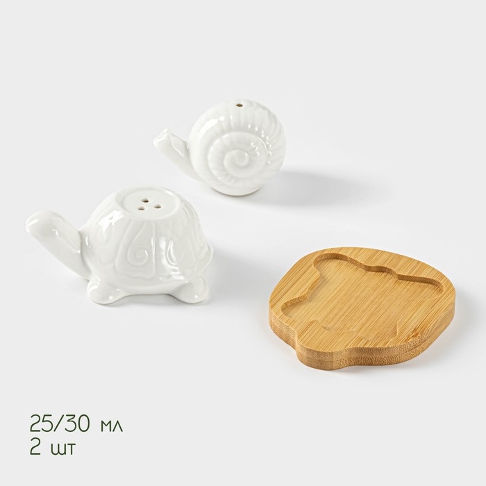 Набор для специй на деревянной подставке BellaTenero «Черепаха и улитка», 2 предмета: солонка 25 мл, перечница 30 мл, цвет белый Набор для специй на деревянной подставке BellaTenero «Черепаха и улитка», 2 предмета: солонка 25 мл, перечница 30 мл, цвет белый
