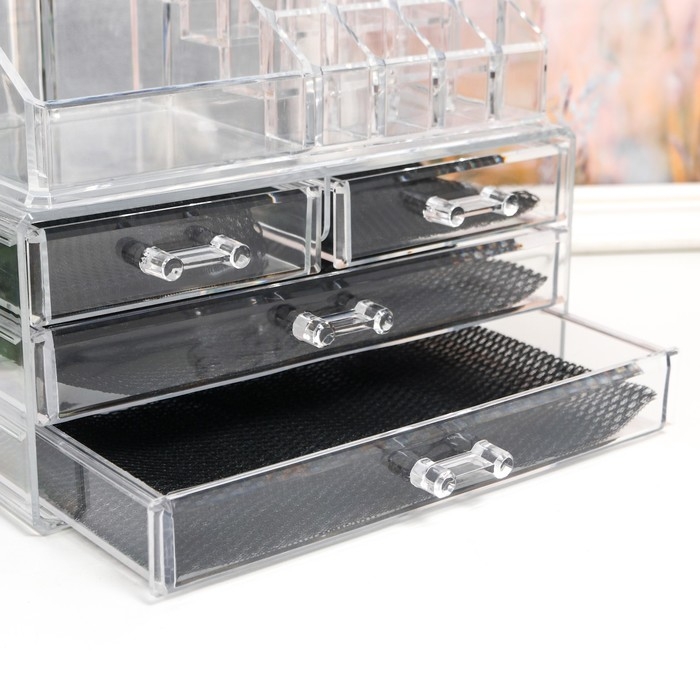 Шкатулка-органайзер пластик 4 ящика прозрачная 18,5х14,5х24 см Шкатулка-органайзер пластик 4 ящика прозрачная 18,5х14,5х24 см