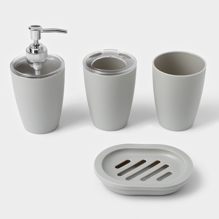 Набор для ванной «Эталон», 4 предмета: дозатор для мыла, мыльница, 2 стакана, 24×8×17 см, цвет серый Набор для ванной «Эталон», 4 предмета: дозатор для мыла, мыльница, 2 стакана, 24×8×17 см, цвет серый