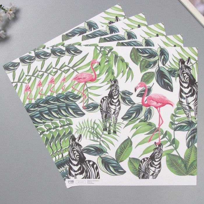 Бумага для скрапбукинга Бумага для скрапбукинга "Фламинго и зебры" плотность 180 гр набор 5 шт 30,5х32 см