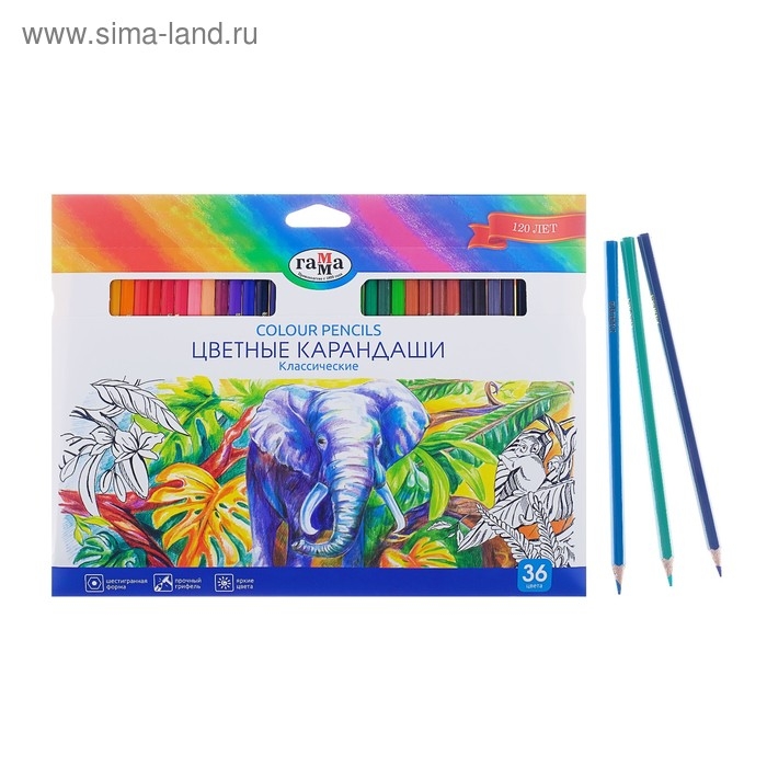 Карандаши 36 цветов Гамма Карандаши 36 цветов Гамма "Классические", шестигранные, d=2.6 мм, картонная упаковка, европодвес 050918_05