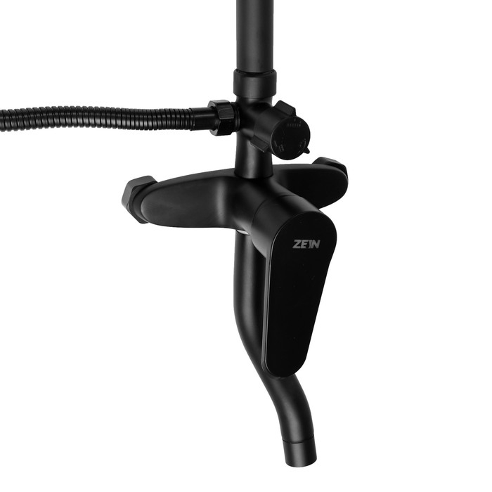 Душевая система ZEIN Z3862, смеситель, тропическая и ручная лейка, полка, латунь, черная Душевая система ZEIN Z3862, смеситель, тропическая и ручная лейка, полка, латунь, черная