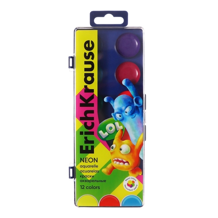 Акварель 12 цветов, ErichKrause Jolly Friends Neon, пластик, с европодвесом Акварель 12 цветов, ErichKrause Jolly Friends Neon, пластик, с европодвесом