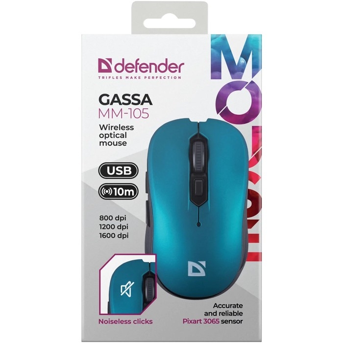 Мышь Defender Gassa MM-105, беспроводная, оптическая, 1600 dpi, 1xAA (не в компл), синяя