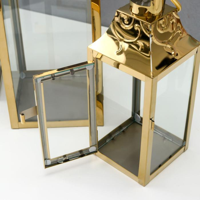 Подсвечник металл, стекло фонарь"Завитки"золото н-р 3 шт 55х18х18 37,5х14,5х14,5 26х10х10 см   54492