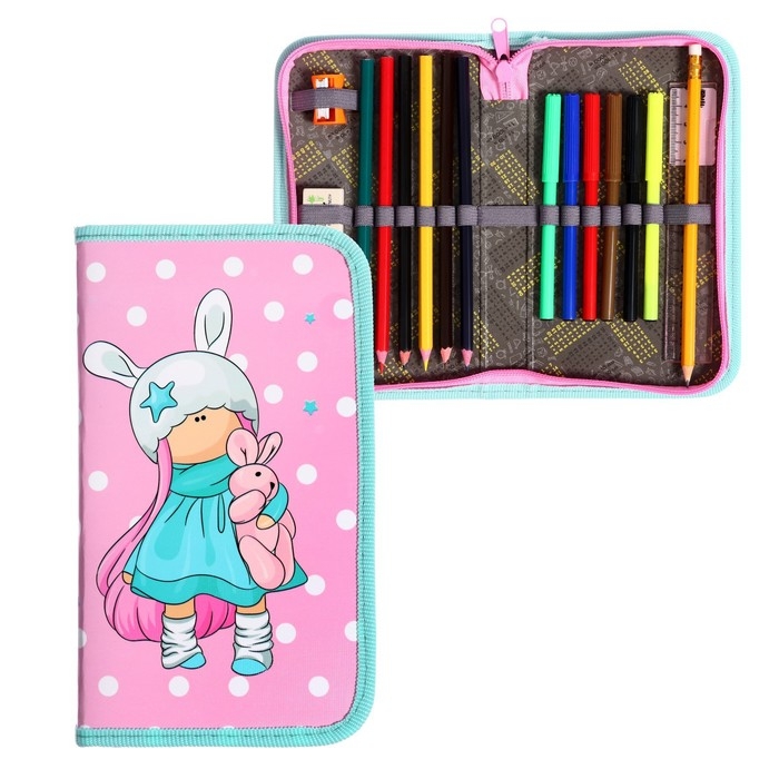 Пенал 1 секция, 115 х 205 мм, с наполнением 16 предметов, Calligrata Пенал 1 секция, 115 х 205 мм, с наполнением 16 предметов, Calligrata "Девочка" ламинированный картон, 30П26/set