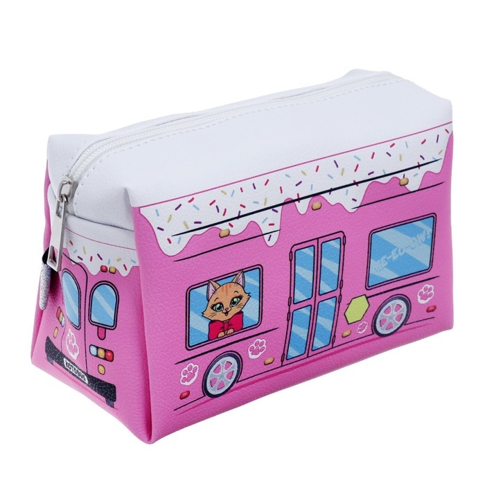Пенал мягкий, 1 отделение, 100 х 180 х 80 мм, объёмный Пенал мягкий, 1 отделение, 100 х 180 х 80 мм, объёмный "Автобус с котятами", розовый