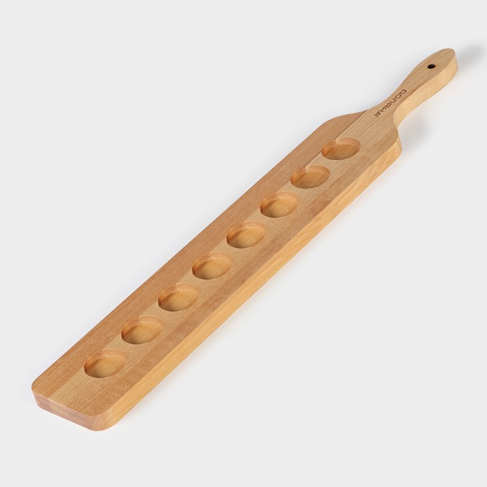 Доска для подачи шотов с ручкой, 60×9×1,8 см, на 8 рюмок, диаметр ячеек 3,9 см, с пропиткой, берёза Доска для подачи шотов с ручкой, 60×9×1,8 см, на 8 рюмок, диаметр ячеек 3,9 см, с пропиткой, берёза