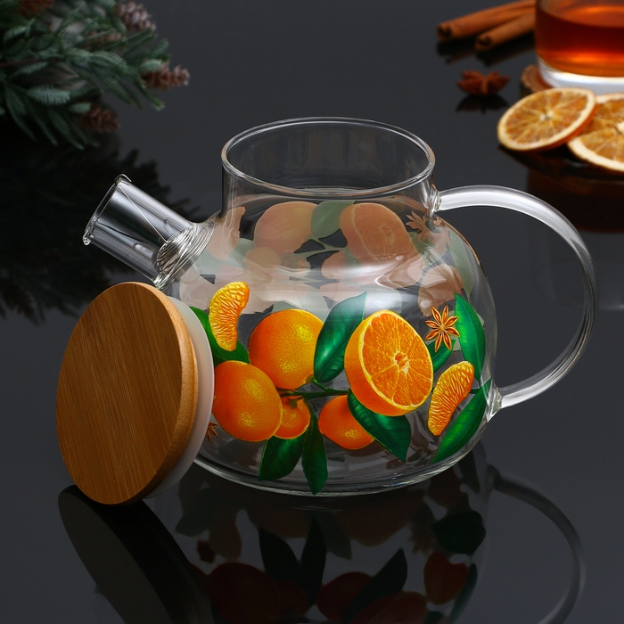 Новый год. Чайник заварочный стеклянный с бамбуковой крышкой «Аромат праздника», 1000 мл Новый год. Чайник заварочный стеклянный с бамбуковой крышкой «Аромат праздника», 1000 мл