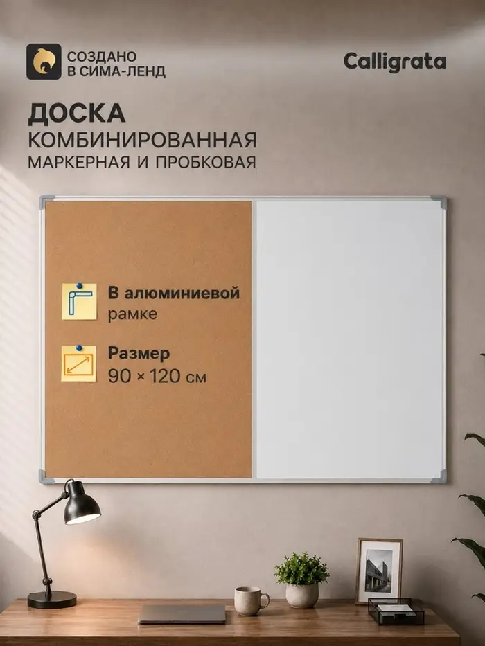 Доска комбинированная магнитно-маркерная и пробковая 90&times;120 см, в алюминиевой рамке, CALLIGRATA